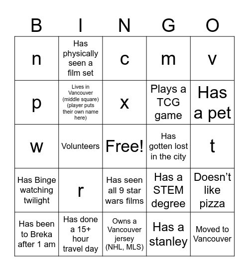 test Bingo Card
