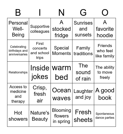 Gratitude Bingo Card
