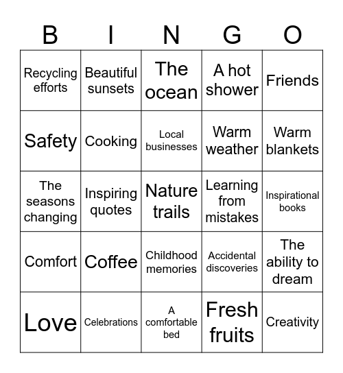 Things I Am Thankful For Bingo Card