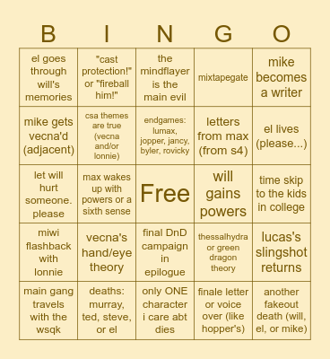 Stranger Things Season 5 Bingo Card