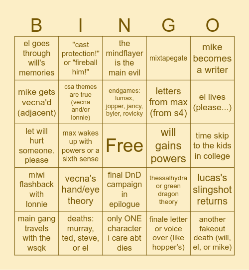 Stranger Things Season 5 Bingo Card