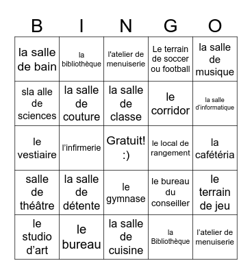 Les salles de notre école Bingo Card