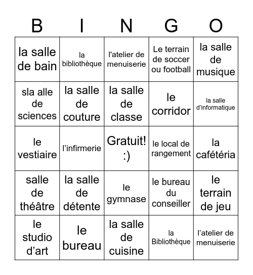 Les salles de notre école Bingo Card