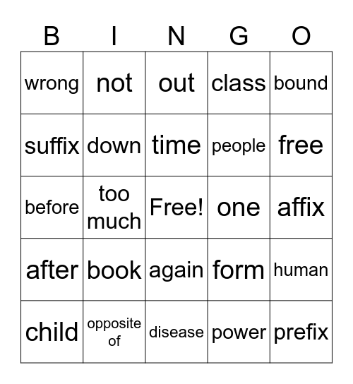 Morphology Bingo Card