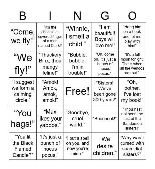 Hocus Pocus Quotes Bingo Card