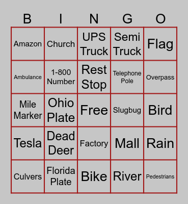 Road Trip Bingo Card