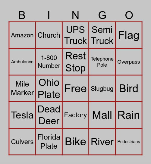 Road Trip Bingo Card