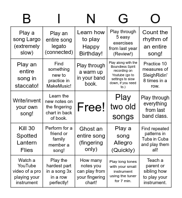 Music Practice Bingo 7th Grade 25-26 Bingo Card