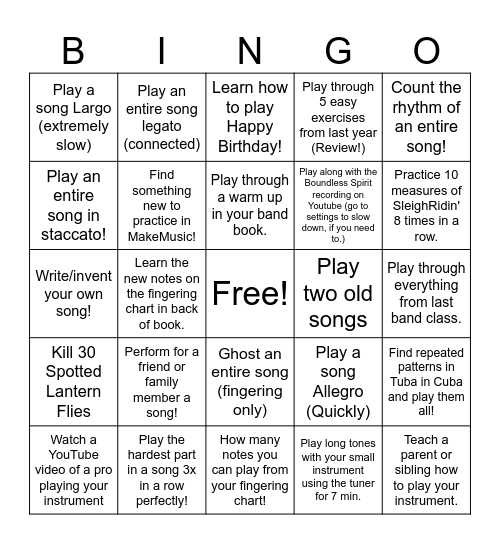 Music Practice Bingo 7th Grade 25-26 Bingo Card