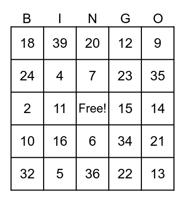 English Time Bingo Card