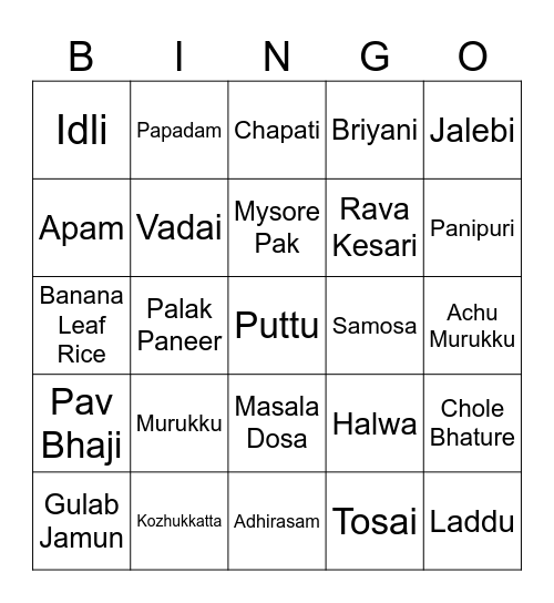 Deepavali Food Bingo Card