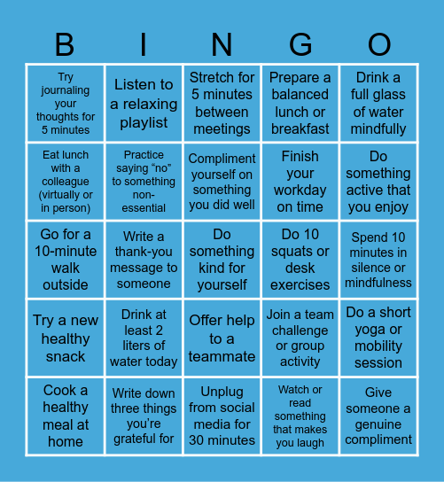 Well-Being Bingo Card