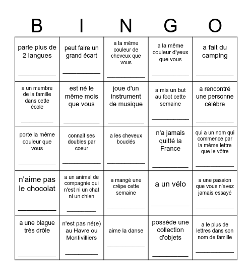 Trouver quelqu'un qui... Bingo Card