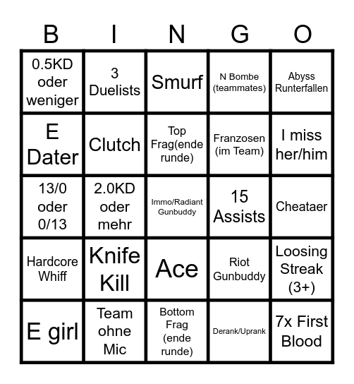 12H Ranked Challange Bingo Card