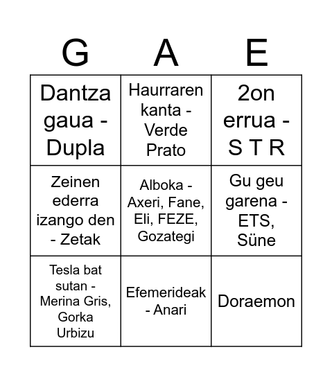 Bingo musikatua Bingo Card