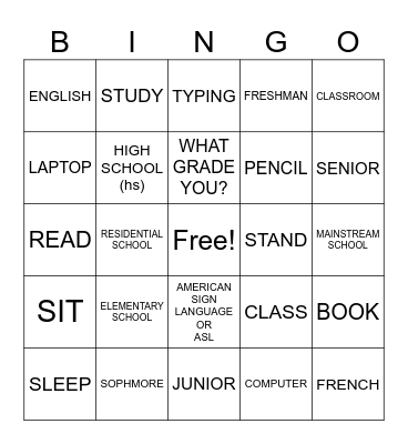 ASL 1 UNIT 2  ACADEMIC LEVELS AND ACTIVITIES Bingo Card