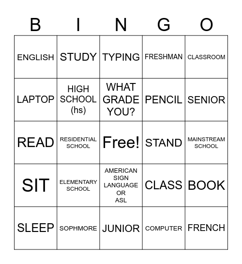 ASL 1 UNIT 2  ACADEMIC LEVELS AND ACTIVITIES Bingo Card