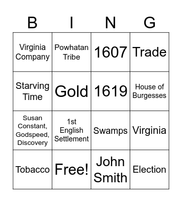 Jamestown Bingo Card