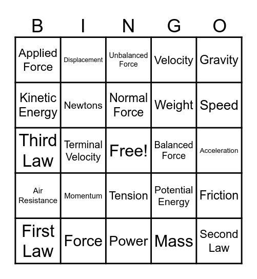 Force and Motion Bingo Card
