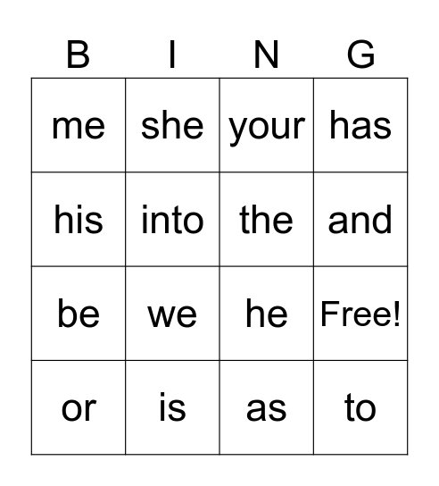 Trick Word Bingo Card