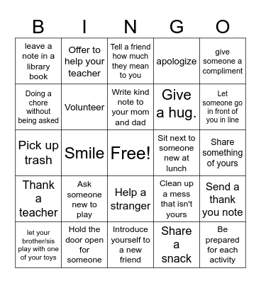 Kindness Bingo Card
