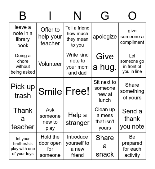 Kindness Bingo Card