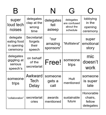 IEUMUN Opening Ceremony Bingo Card