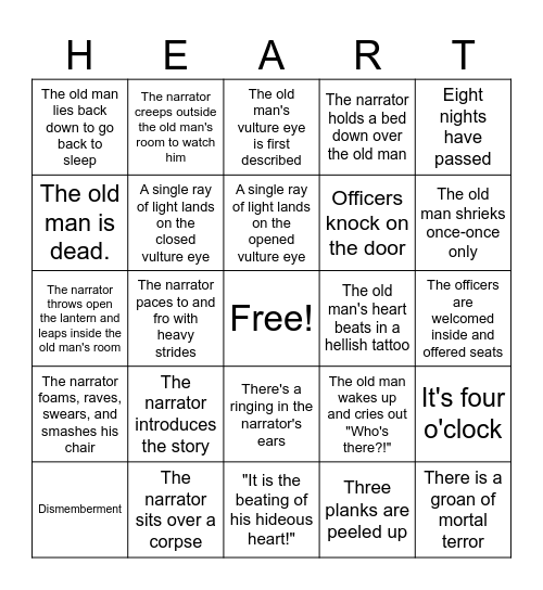 Tell-Tale Heart Bingo Card