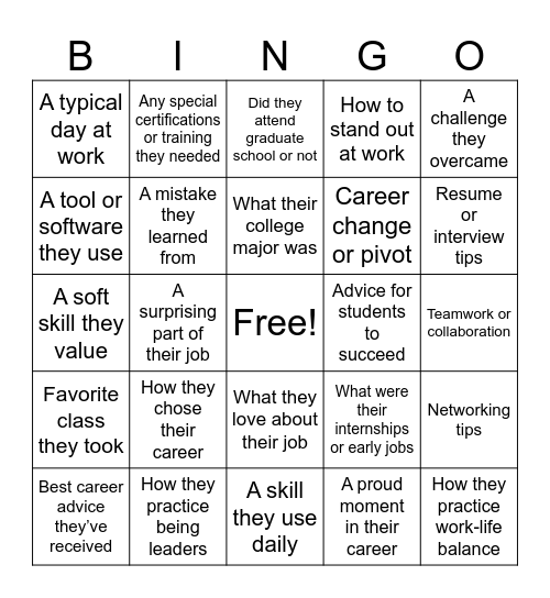 Career Exploration Bingo Card