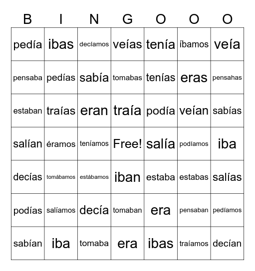 Verbos - Preterito Imperfecto Bingo Card