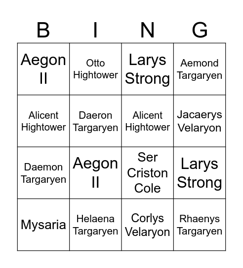 HOTD Death List Bingo Card