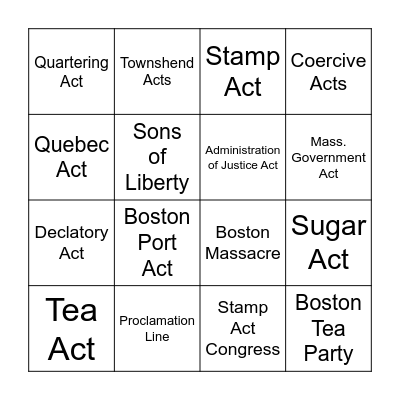 Road to Revolution Bingo Card