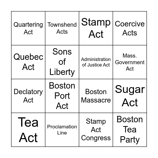 Road to Revolution Bingo Card