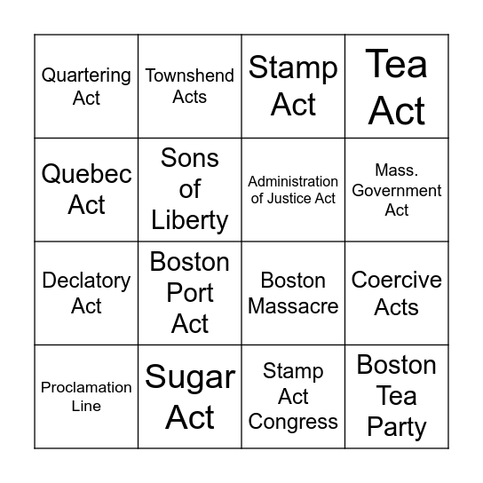 Road to Revolution Bingo Card