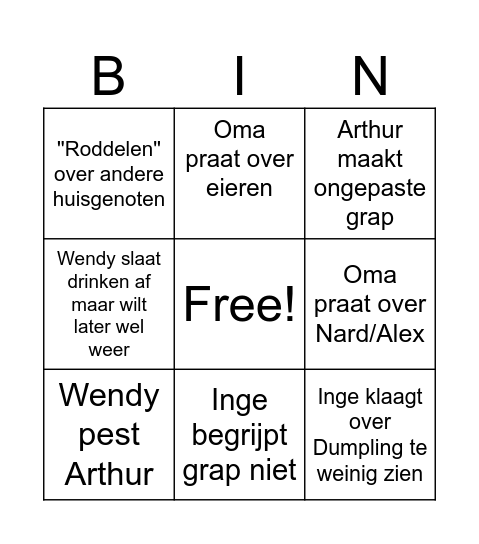 Lucy's familiebezoek Bingo Card