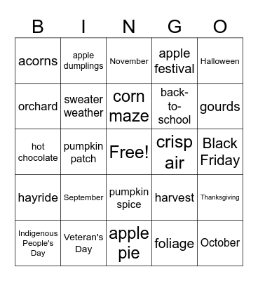 Fall Bingo Card