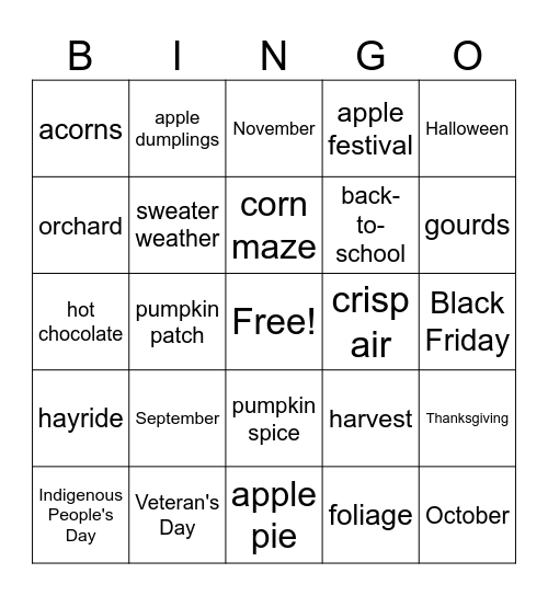 Fall Bingo Card