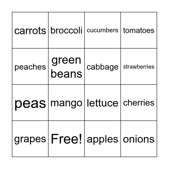 Fruits and Vegetables Bingo Card