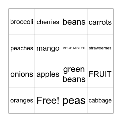 Fruits and Vegetables Bingo Card