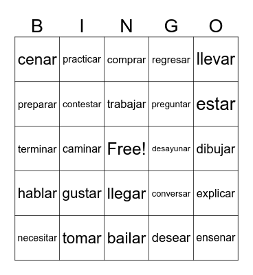 ar verbs Bingo Card