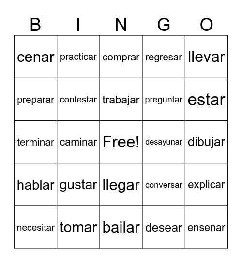 ar verbs Bingo Card