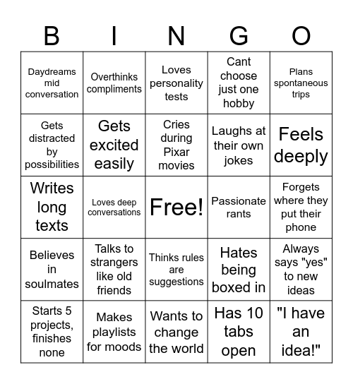 ENFP Bingo Card