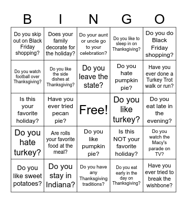 Thanksgiving Conversation Bingo Card