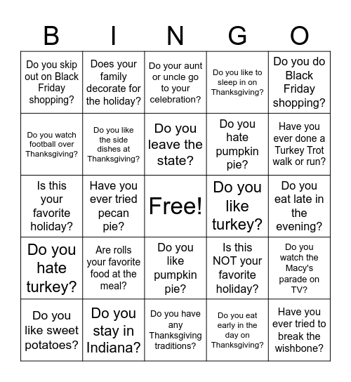 Thanksgiving Conversation Bingo Card