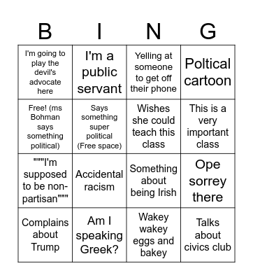 Ms. Bohman Sub Bingo Card