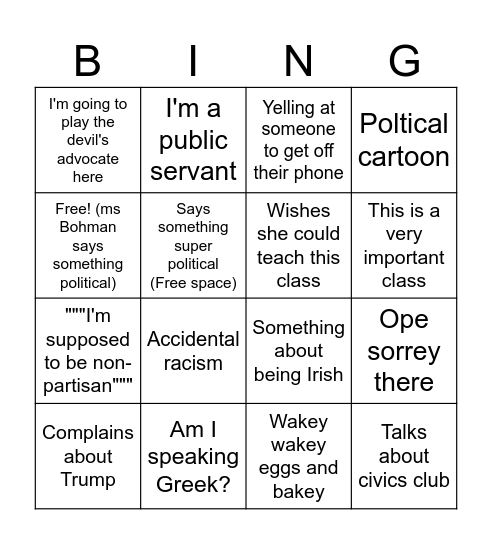 Ms. Bohman Sub Bingo Card