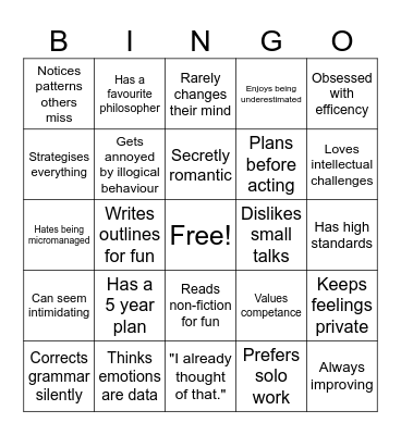 INTJ Bingo Card