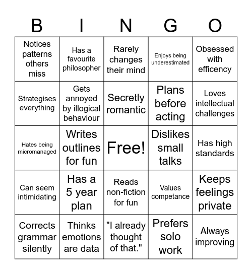 INTJ Bingo Card