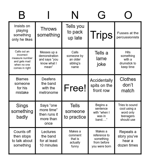 Band Director Bingo Card