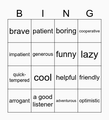 adjectives Bingo Card